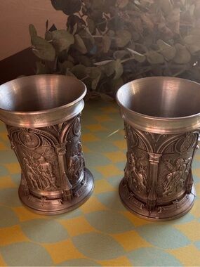 German Pewter Shot Glasses Zinn Galerie Albrecht Durer 2.5” Medieval Style